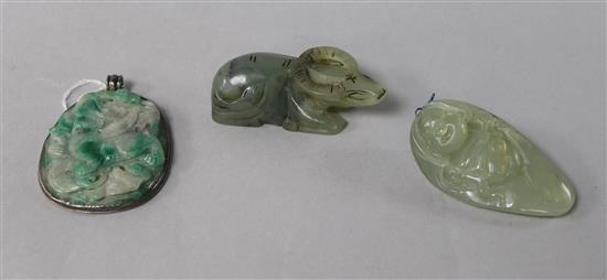 A Chinese jade carving of Budai and two hardstone carvings